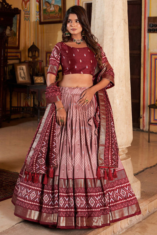 Attractive Art Silk Fabric Maroon Color Lehenga With Foil Printed Work