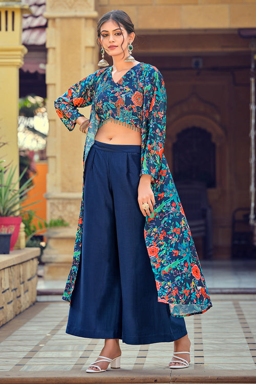 Blue Art Silk Readymade Indo Western Palazzo Suit With Shrug