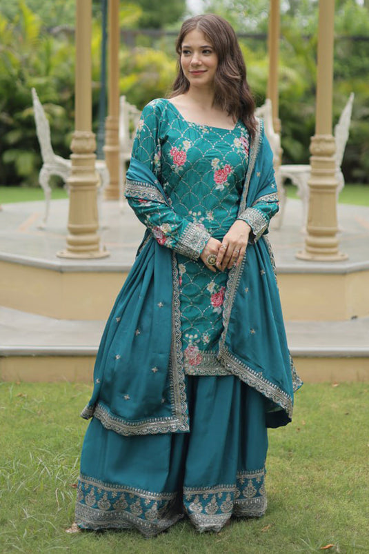 Blue Color Embroidered Readymade Palazzo Suit