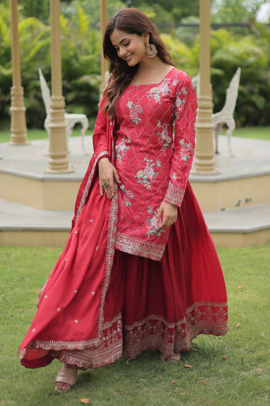 Chinon Fabric Red Color Readymade Palazzo Salwar Suit