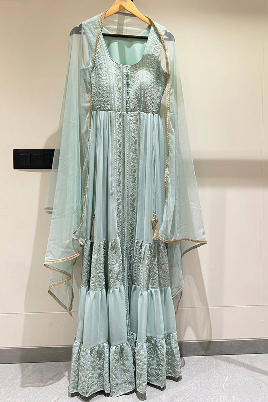 Embroidery Designs On Light Cyan Georgette Party Wear Readymade Anarkali Salwar Suit