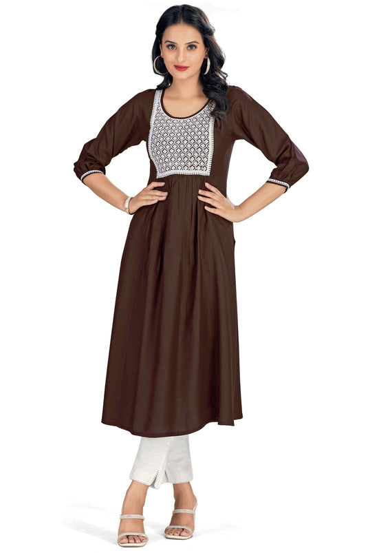 Beguiling Brown Color Rayon Fabric Readymade Embroidered Kurti