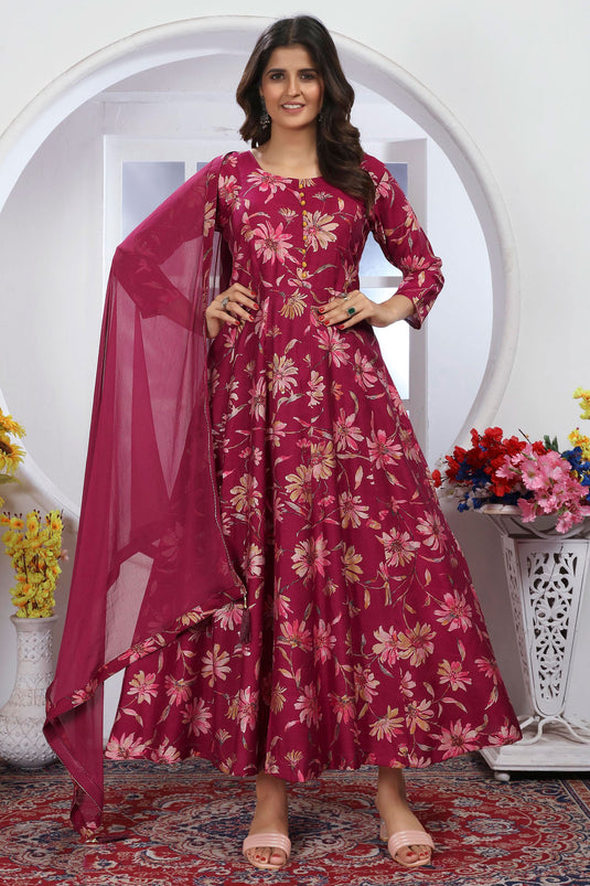 Ingenious Maroon Color Fancy Fabric Readymade Anarkali Suit