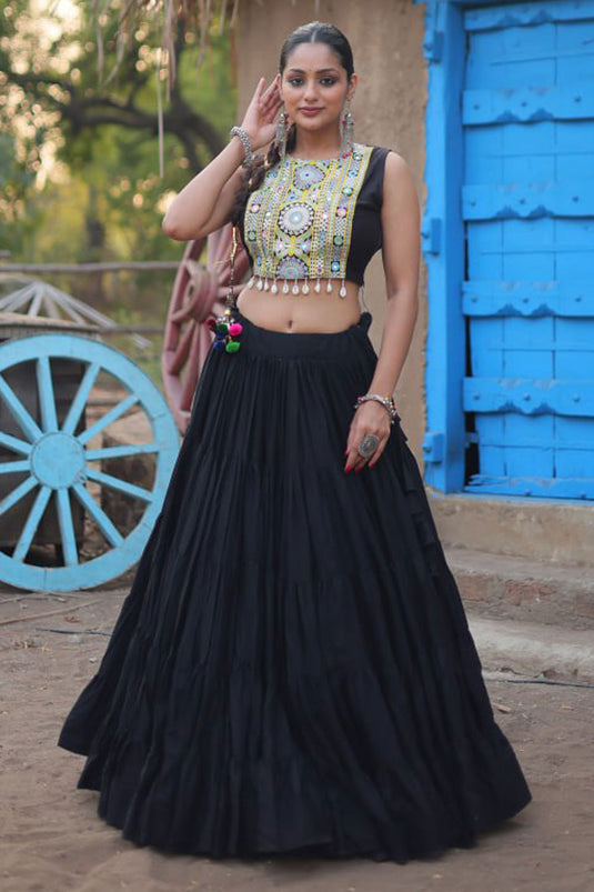 Glorious Black Color Rayon Fabric Readymade Lehenga Choli With Koti