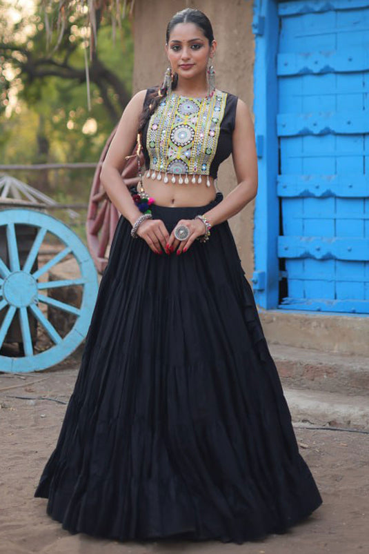 Glorious Black Color Rayon Fabric Readymade Lehenga Choli With Koti