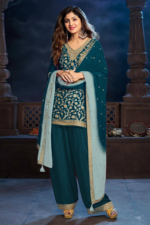 Shilpa Shetty Viscose Silk Embroidered Work Teal Designer Palazzo Suit