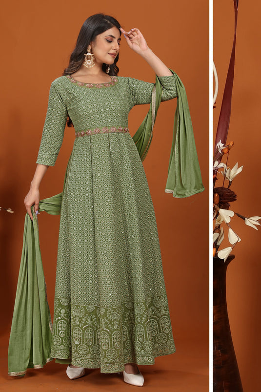 Georgette Fabric Embroidered Work Glamorous Gown With Dupatta In Sea Green Color