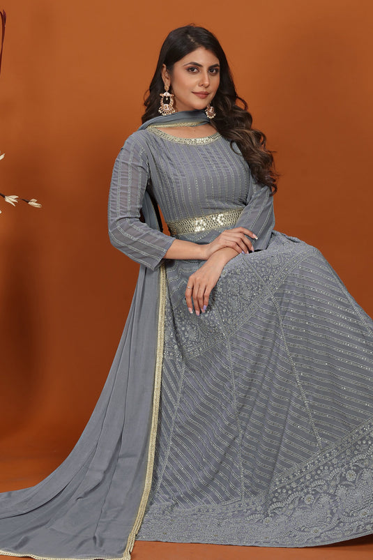 Georgette Fabric Embroidered Work Magnificent Gown With Dupatta In Grey Color