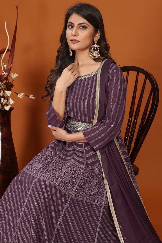 Purple Color Embroidered Work Luminous Gown With Dupatta In Georgette Fabric