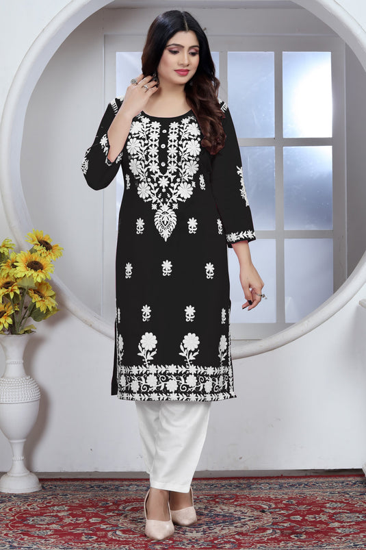 Ingenious Rayon Fabric Black Color Chikankari Embroidered Kurti With Bottom