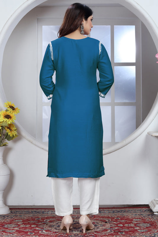 Appealing Blue Color Rayon Fabric Chikankari Embroidered Kurti With Bottom