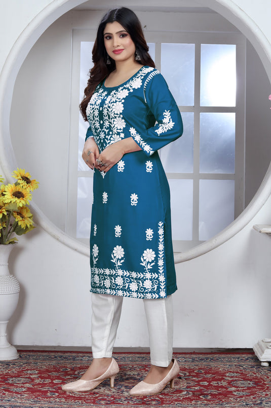 Appealing Blue Color Rayon Fabric Chikankari Embroidered Kurti With Bottom