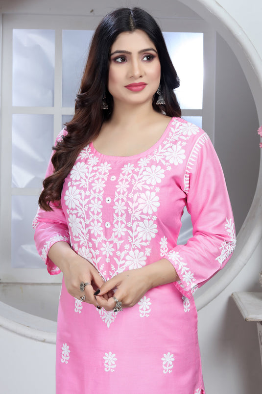 Bewitching Rayon Fabric Chikankari Embroidered Kurti With Bottom In Pink Color