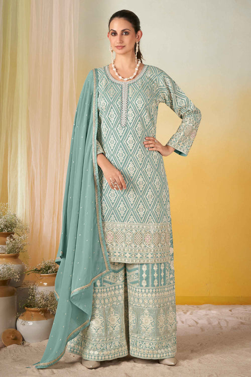 Sea Green Designer Embroidered Georgette Readymade Palazzo Salwar Kameez
