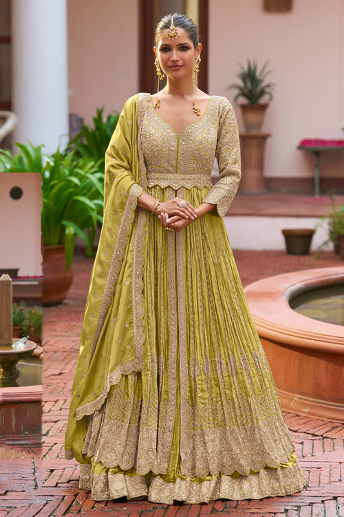 Embroidery Work Olive Readymade Long Top And Skirt