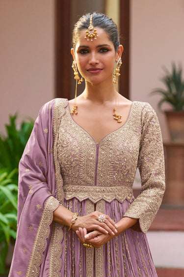 Lavender Chinon Sangeet Wear Readymade Long Top And Skirt