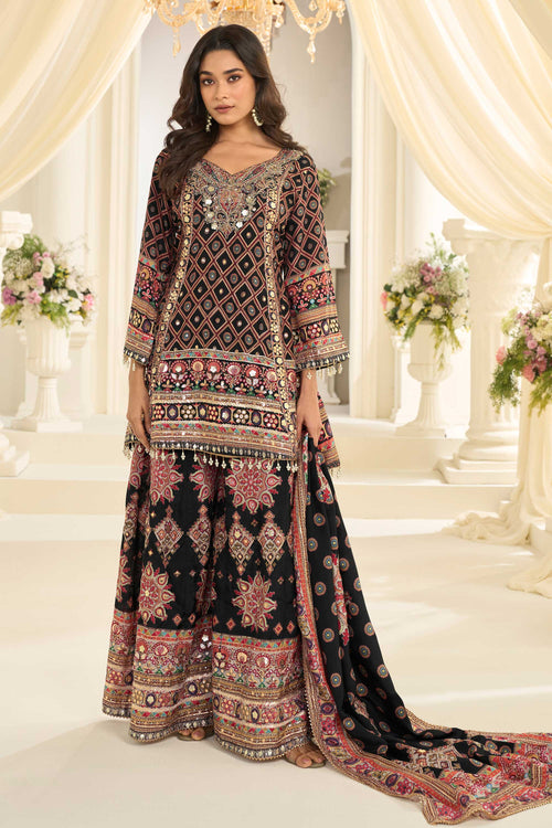 Traditional Black Designer Printed Crepe Silk Readymade Palazzo Salwar Kameez Set