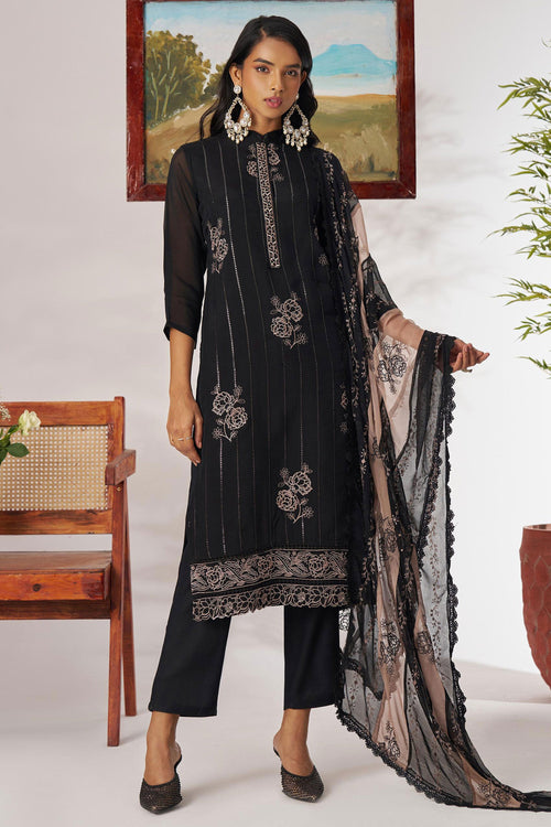 Black Organza Embroidered Readymade Straight Cut Salwar Kameez