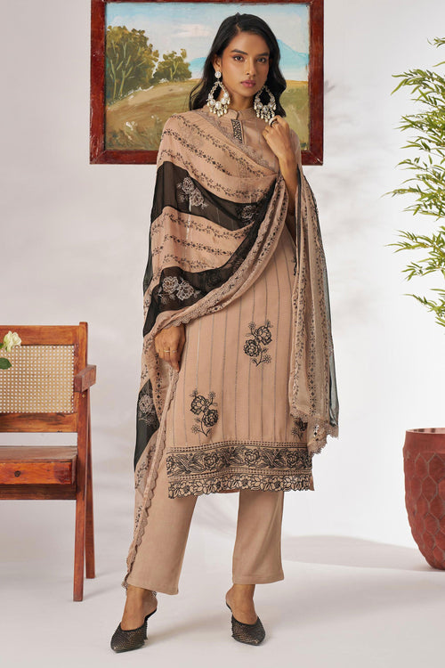 Beige Organza Embroidered Readymade Straight Cut Salwar Kameez
