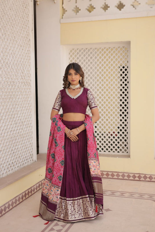 Excellent Viscose Fabric Wine Color Lehenga With Jacquard Work