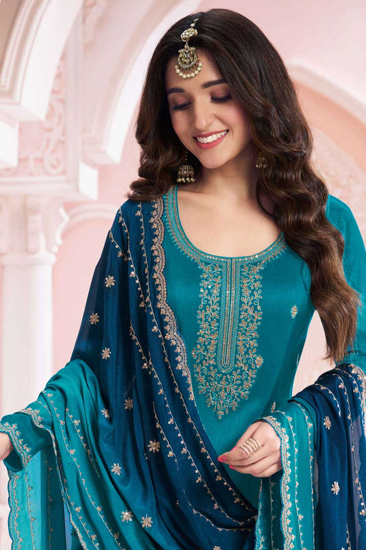 Nidhi shah Alluring Vichitra Fabric Teal Color Palazzo Suit