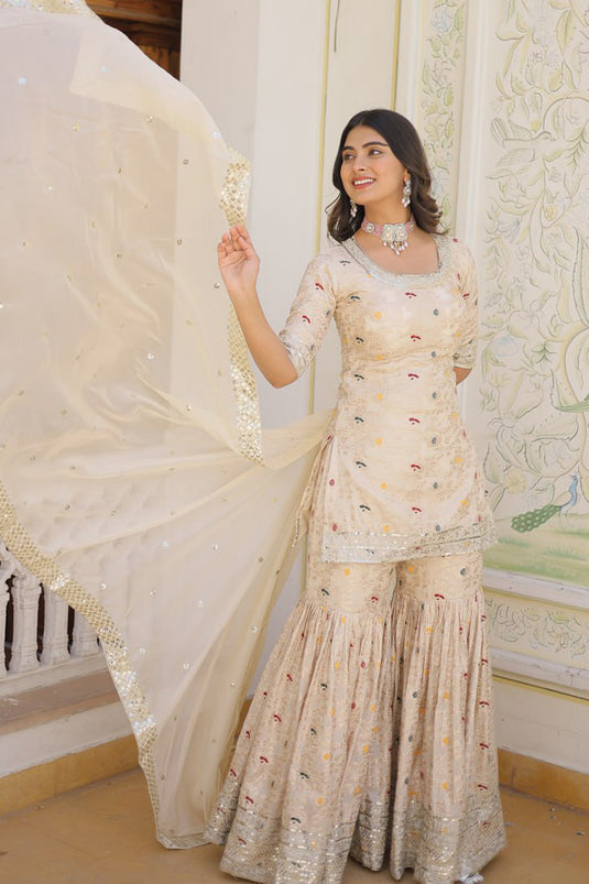 Off White Color Viscose Fabric Charming Readymade Gharara Suit With Sequins Work