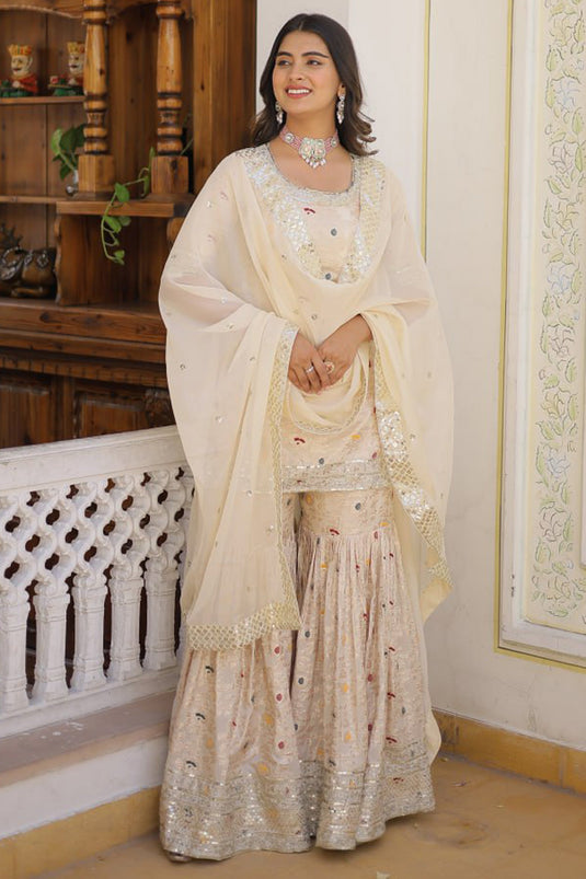 Off White Color Viscose Fabric Charming Readymade Gharara Suit With Sequins Work