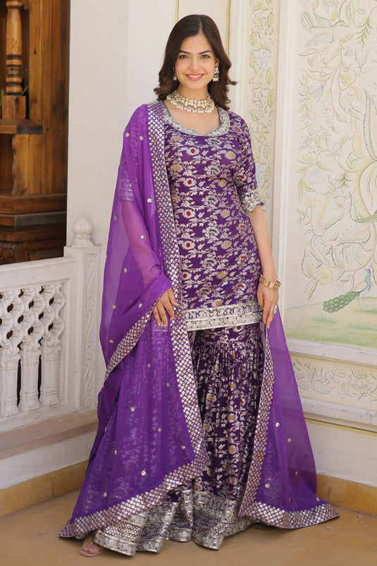 Purple Color Viscose Fabric Beautiful Readymade Gharara Suit With Sequins Work