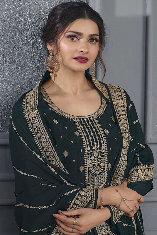 Prachi Desai Dark Green Color Fascinating  Jacquard Silk Palazzo Suit