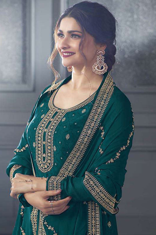 Prachi Desai Phenomenal Teal Color Jacquard Silk Palazzo Suit