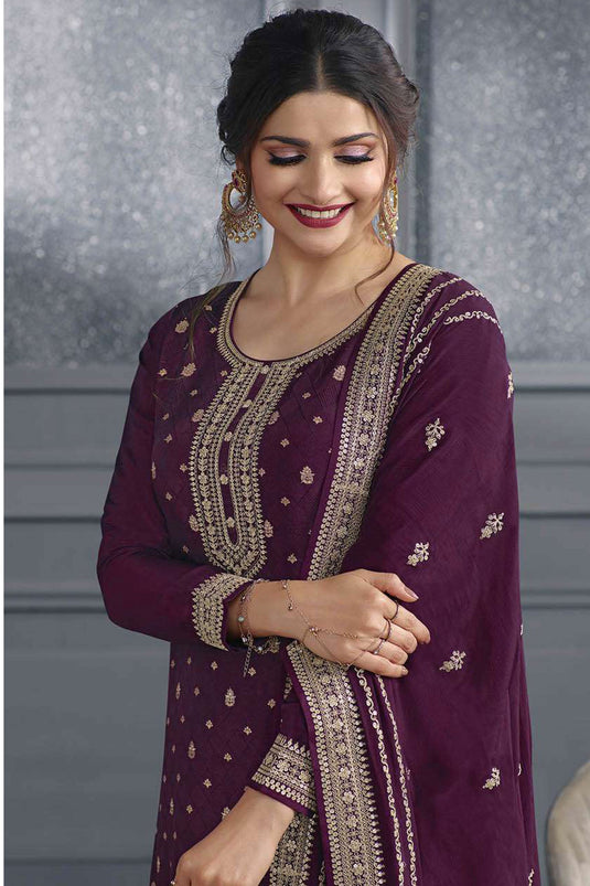 Prachi Desai Glamorous Purple Color Jacquard Silk Palazzo Suit
