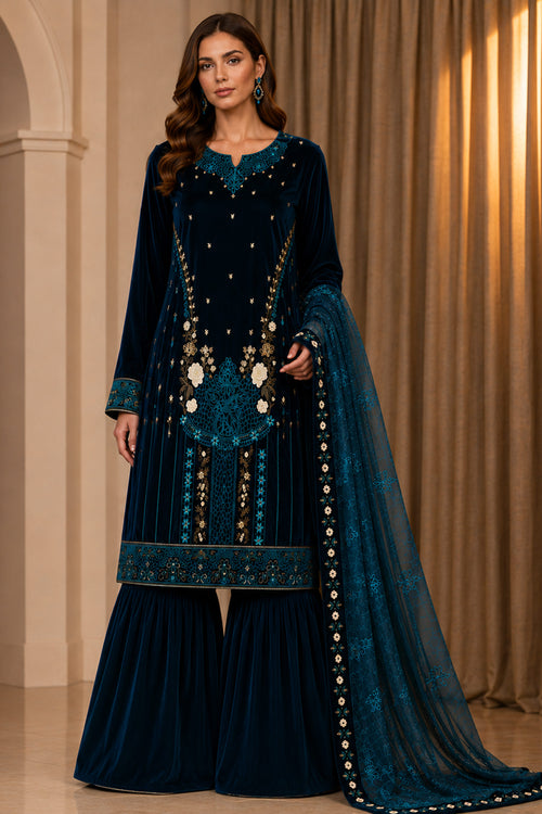 Traditional Velvet Embroidered Designer Sharara Salwar Kameez