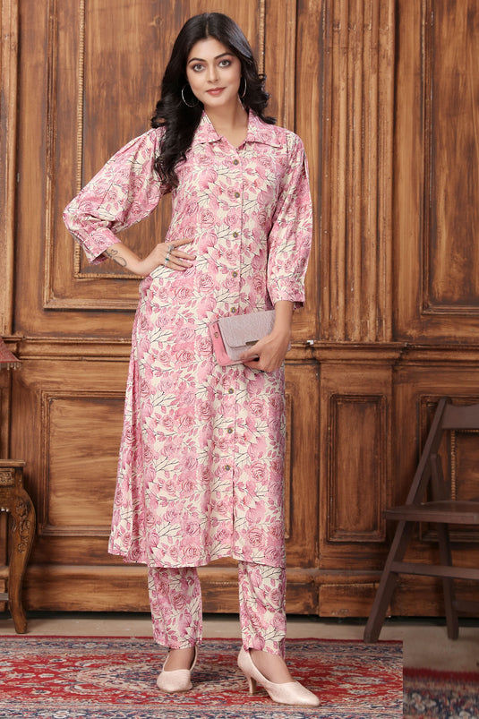 Beguiling Pink Color Rayon Fabric Readymade Kurti With Bottom