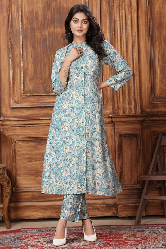 Tempting Rayon Fabric Sky Blue Color Readymade Kurti With Bottom