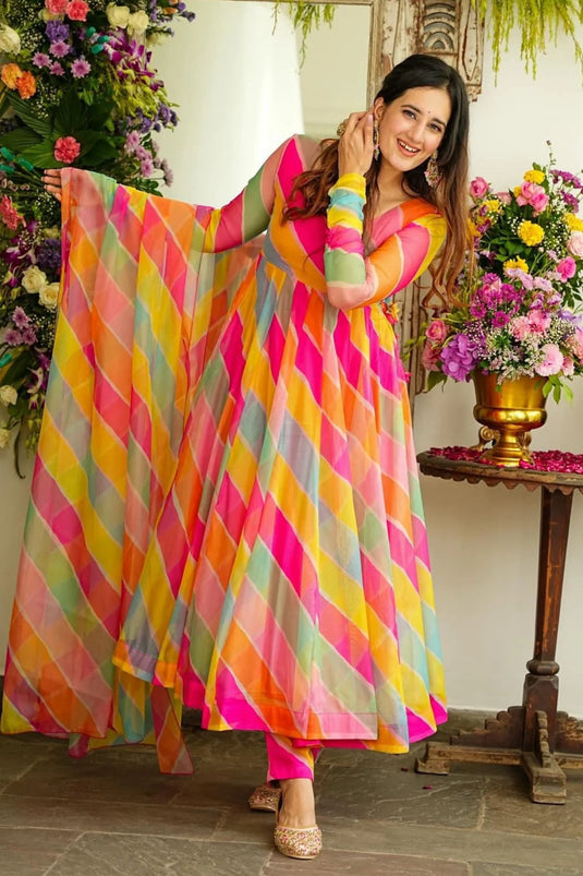 Digital Printed Multi Color Fashionable Gown With Dupatta In Georgette Fabric