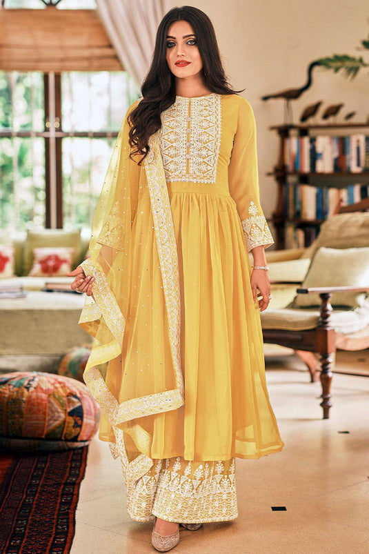 Function Wear Yellow Color Inventive Pakistani Suit In Georgette Fabric