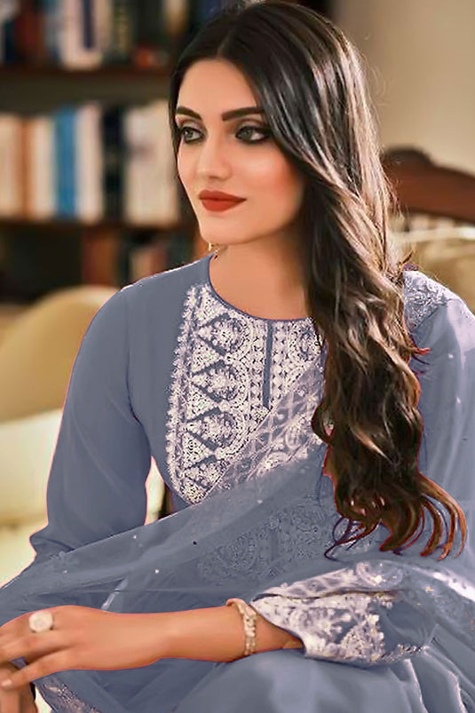 Georgette Fabric Grey Color Function Wear Elegant Pakistani Suit