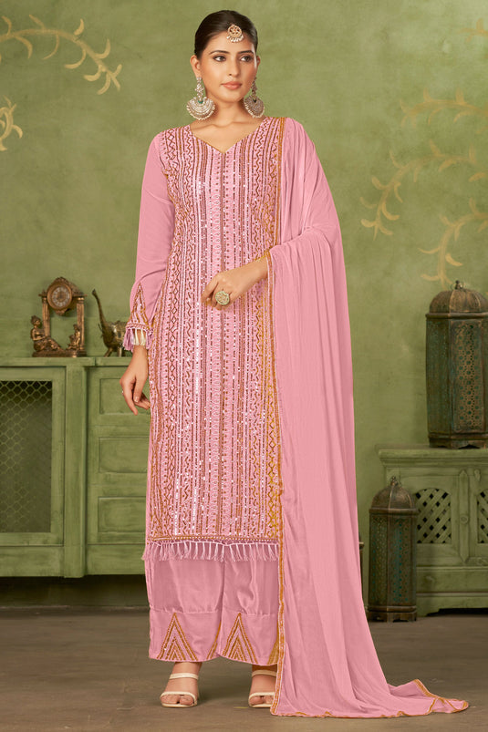 Pink Color Georgette Fabric Sequins Work Pakistani Suit For Party