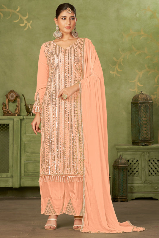 Stylish Peach Color Georgette Fabric Sequins Work Pakistani Suit