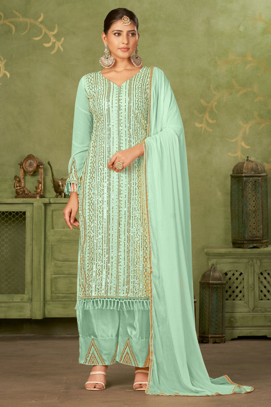 Elegant Sea Green Color Georgette Fabric Party Wear Pakistani Suit
