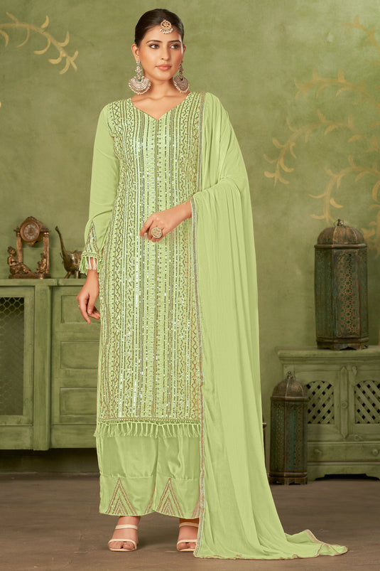 Party look Georgette Fabric Pakistani Suit in Green Color