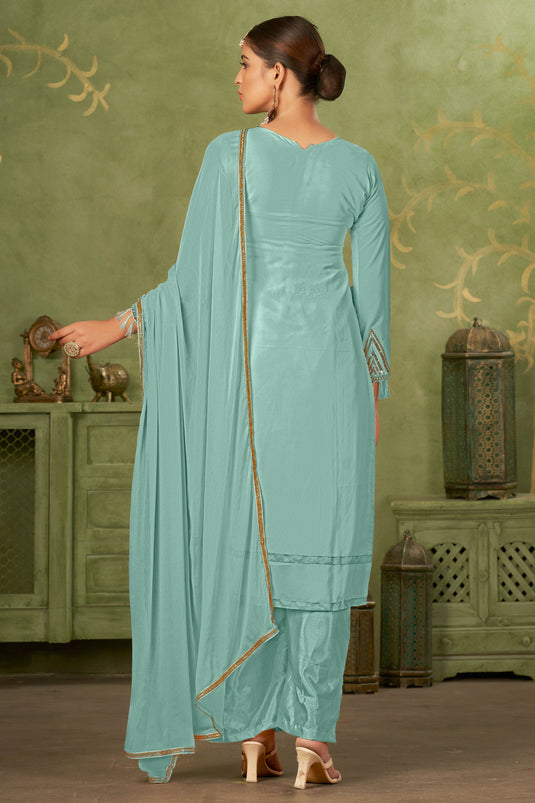 Cyan Color Georgette Fabric Pakistani Suit For Party look