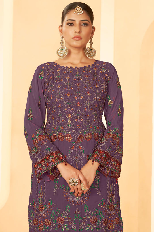 Purple Color Georgette Fabric Party Style Tempting Pakistani Replica Suit