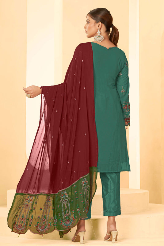 Party Style Teal Green Color Inventive Pakistani Replica Suit In Georgette Fabric