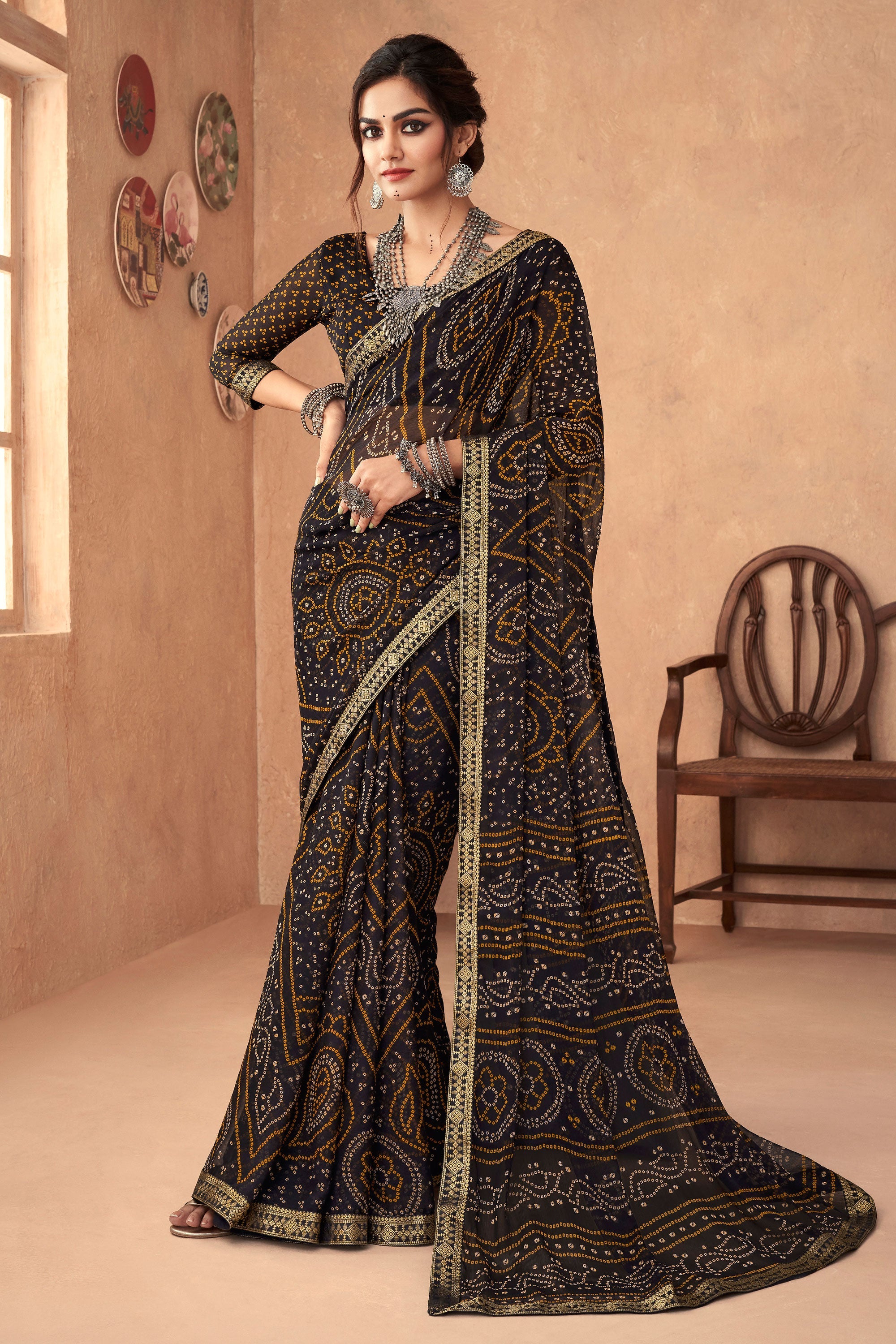 Black Bandhani Print Attached Banarasi Border Chiffon Saree – Sarees Bazaar