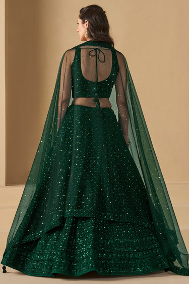 Georgette Fabric Lehenga Choli With Sequins Work In Dark Green Color
