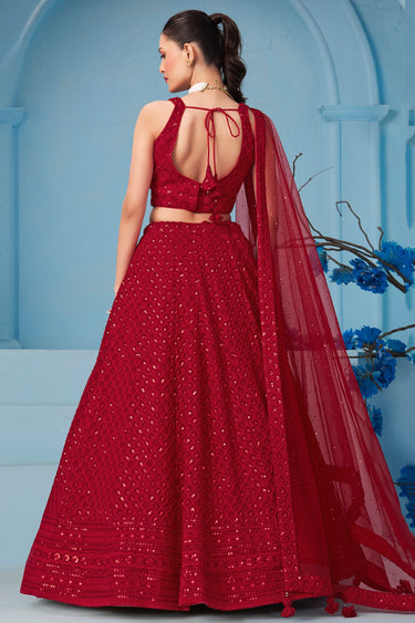 Sequins Work Sangeet Wear Lehenga In Red Color Georgette Fabric With Blouse
