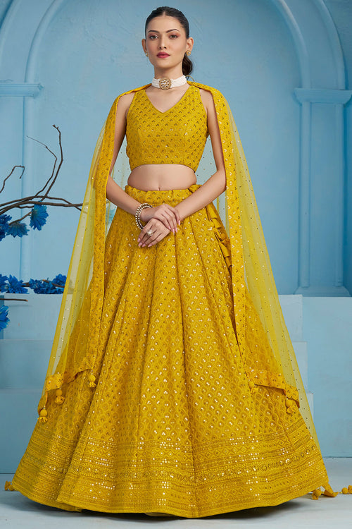 Sequins Work Georgette Fabric Designer Lehenga In Yellow Color With Blouse