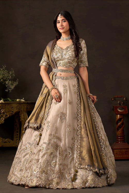 Antique Beige Fancy Fabric Sequin Embroidered Lehenga Choli