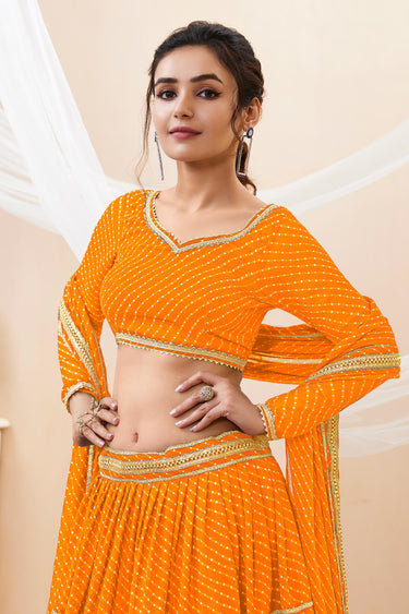 Engaging Yellow Color Georgette Fabric Leheriya Printed Lehenga